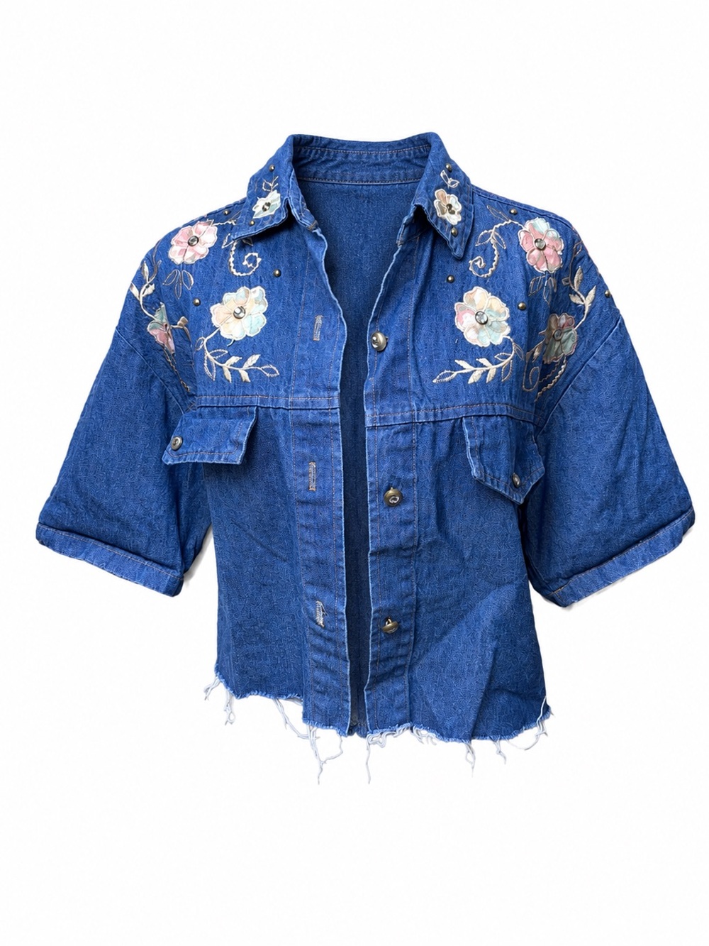 Vtg Donna USA Embroidered Denim Shirt XL Crop Floral‎ Rhinestone Whimsigoth